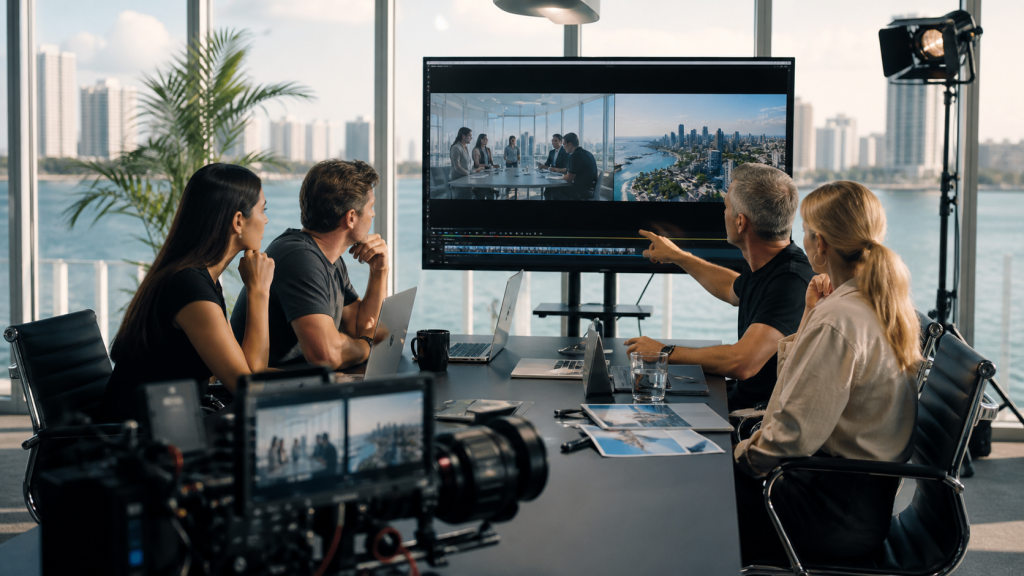 Production team reviewing corporate and brand video footage in a Miami conference room
