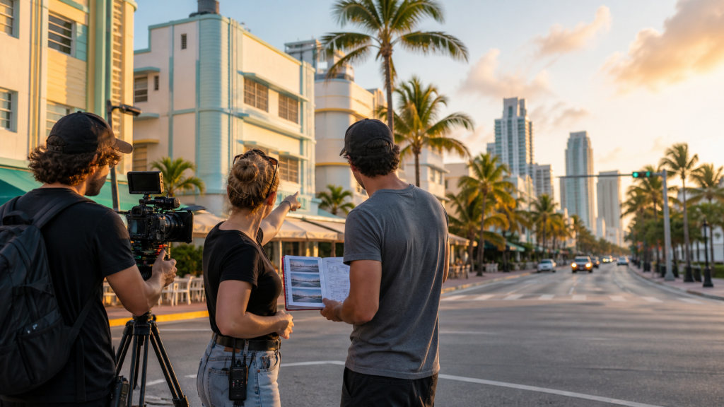 Production crew scouting a Miami street with camera gear and Art Deco buildings