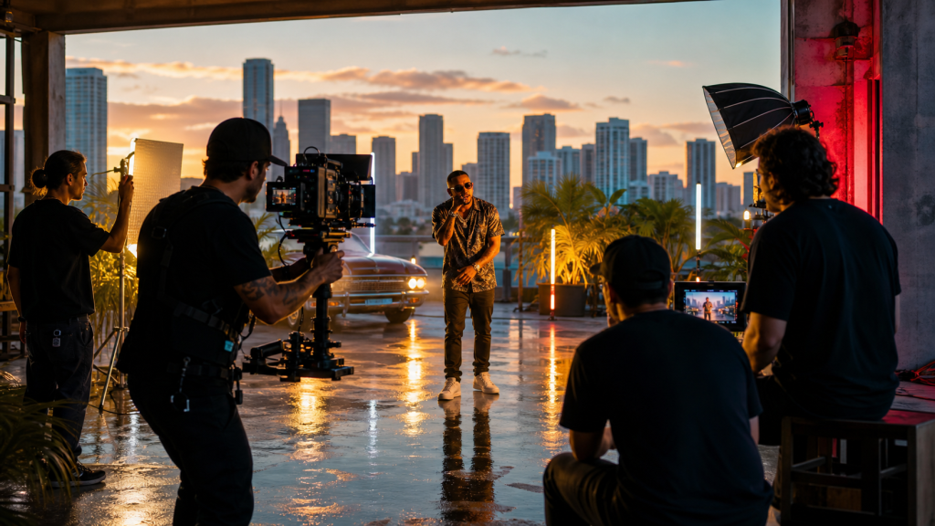 Music video crew filming a performer on a Miami rooftop set at sunset