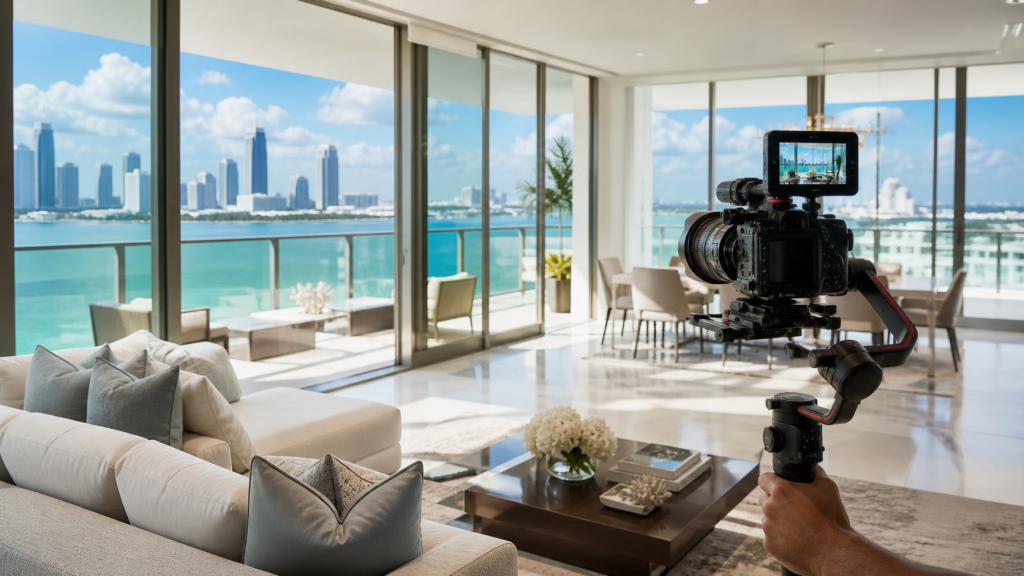 Cinema camera filming a luxury Miami condo interior with skyline and water views