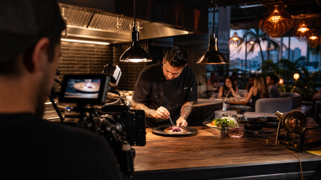 Camera crew filming a chef plating food in a warm Miami restaurant