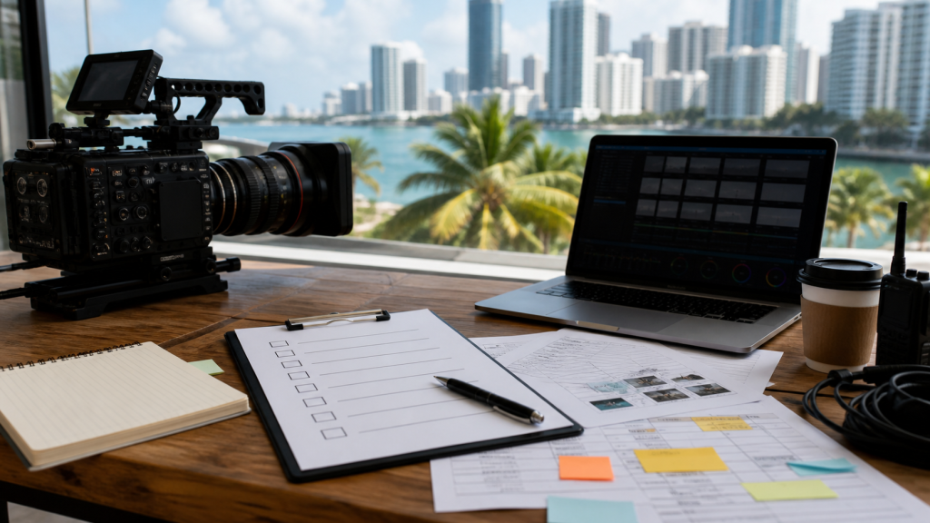 Cinema camera, laptop, and production checklist on a planning table with Miami skyline view