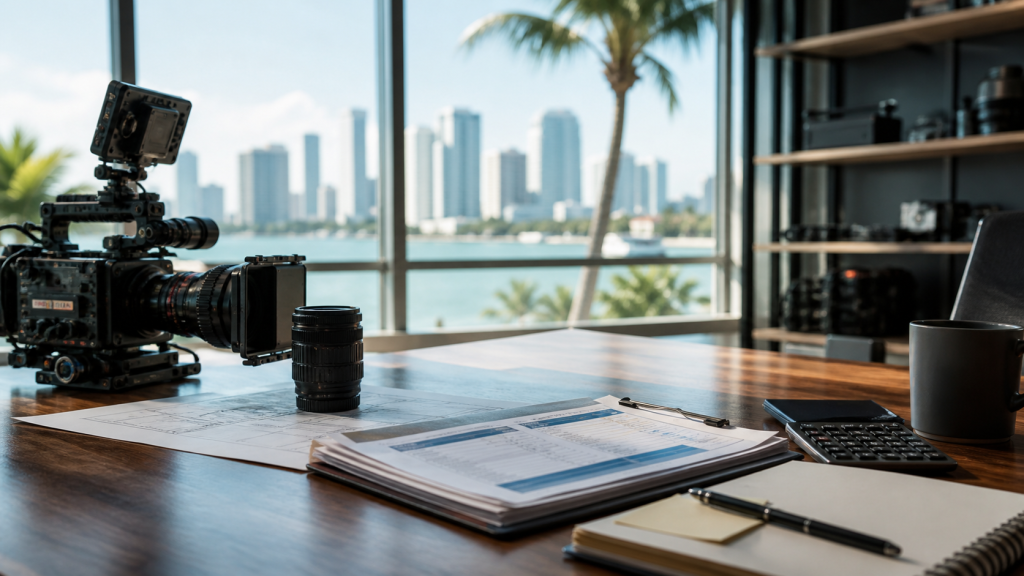Cinema camera and production budget documents on a table with Miami skyline in the background